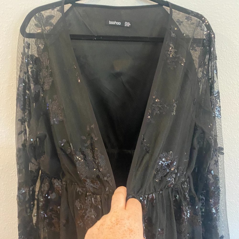 Sequin & lace mini dress with sleeves, low cut